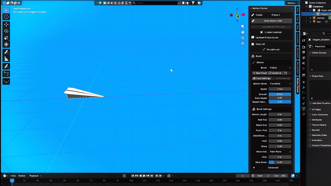 Motion Painter drawing a motion path that guides a paper airplane through Blender's 3D Viewport