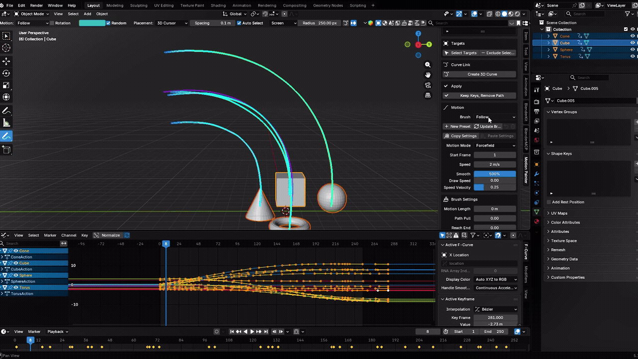 Multiple Blender objects following hand-drawn motion paths with editable animation curves