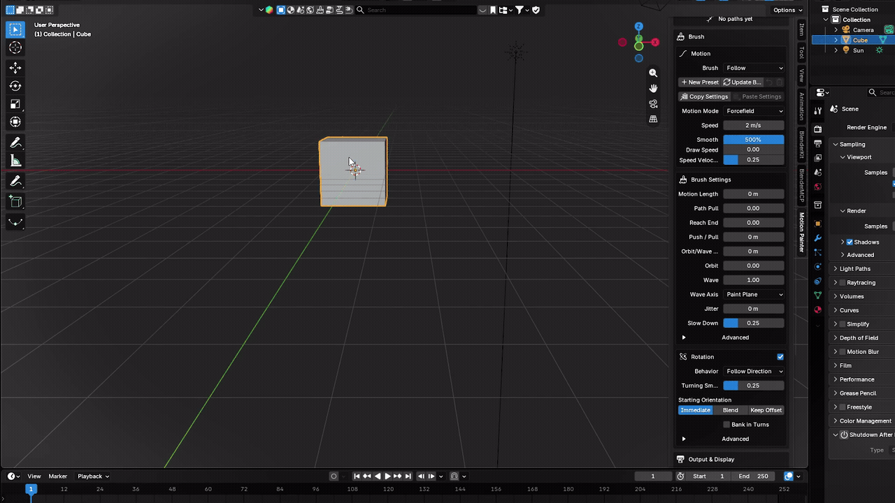 A Blender cube reacting to a painted forcefield motion path