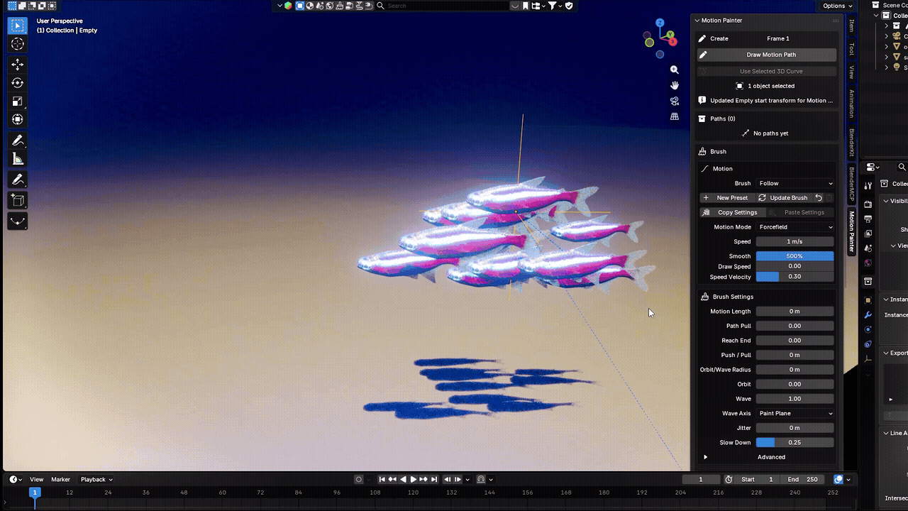 A school of animated fish controlled together with Motion Painter in Blender