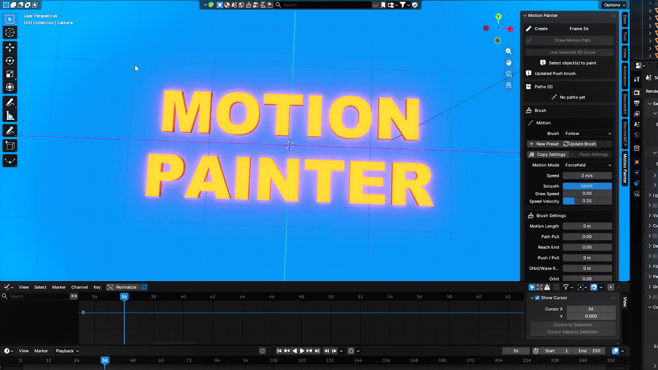 Motion Painter selecting and animating the letters of its name inside Blender