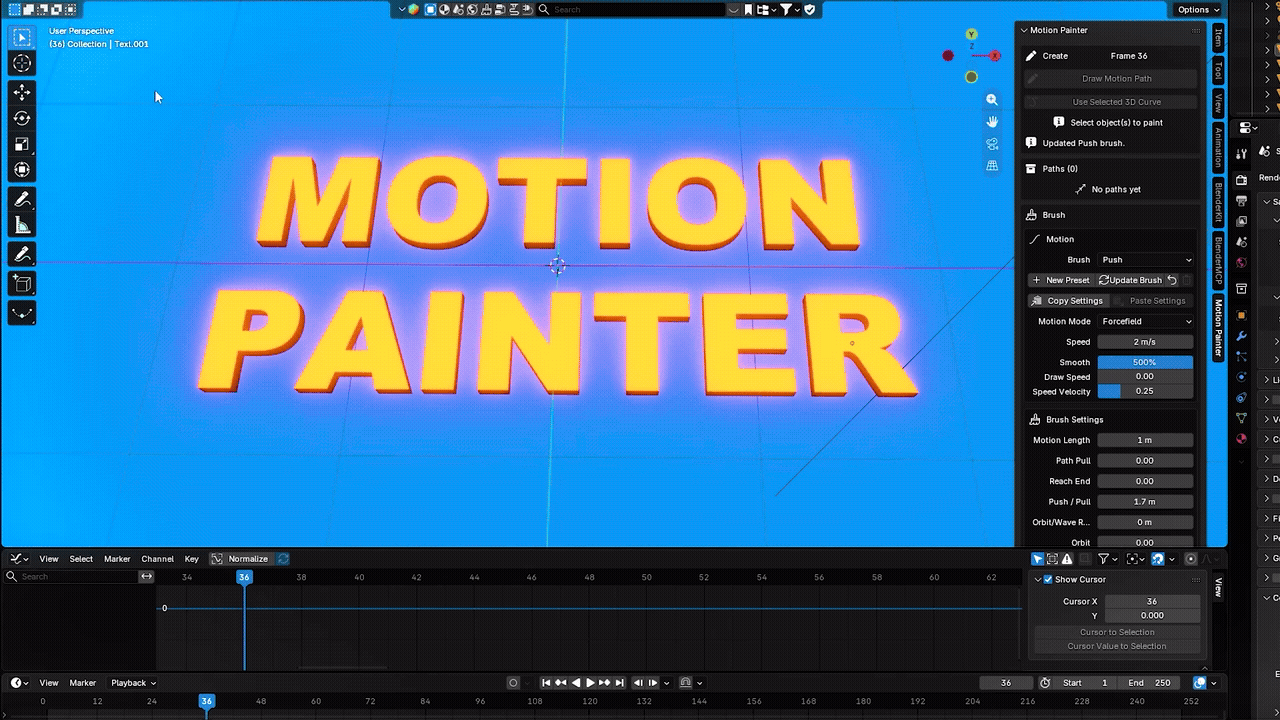 Animated Motion Painter lettering demonstrating directional movement and rotation in Blender