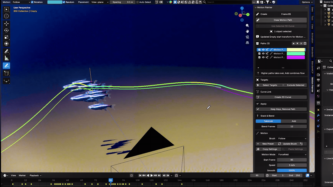 Layered editable motion paths guiding a school of fish in Blender
