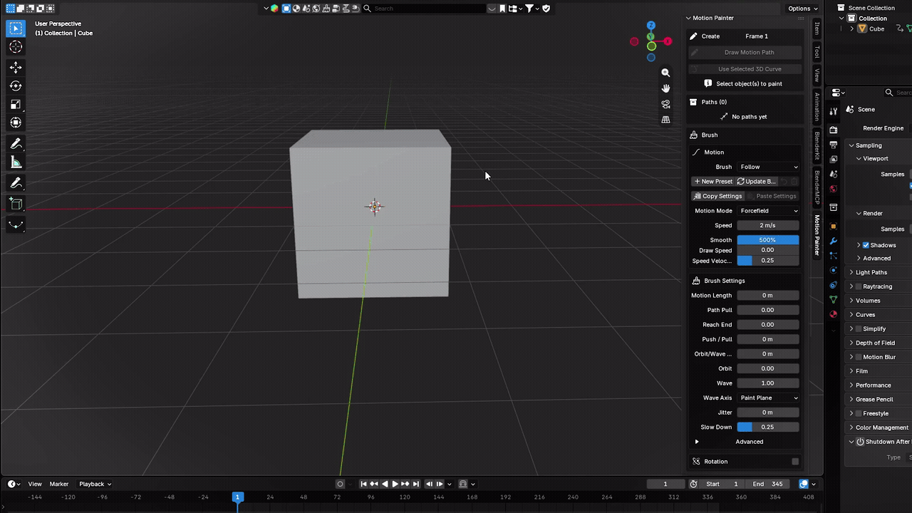 A Blender cube animated along a motion path with editable output controls